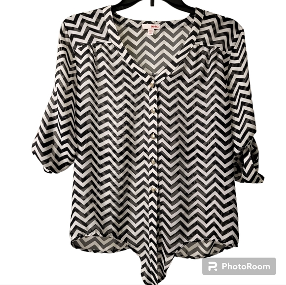 Bongo Womens Sheer Size Large Pullover Blouse Black White Herringbone Pattern - Picture 1 of 13
